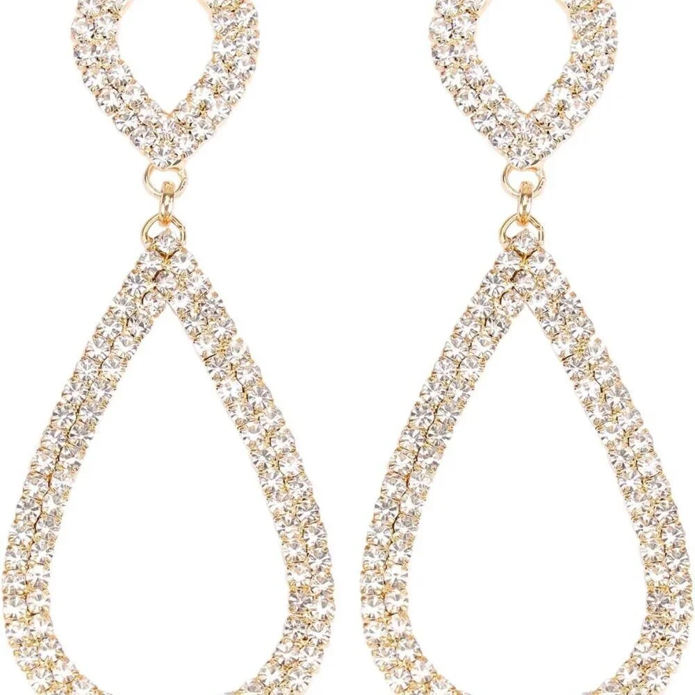 Rhinestone Dangle Earrings Gold-tone Alloy Bridal Evening Jewelry